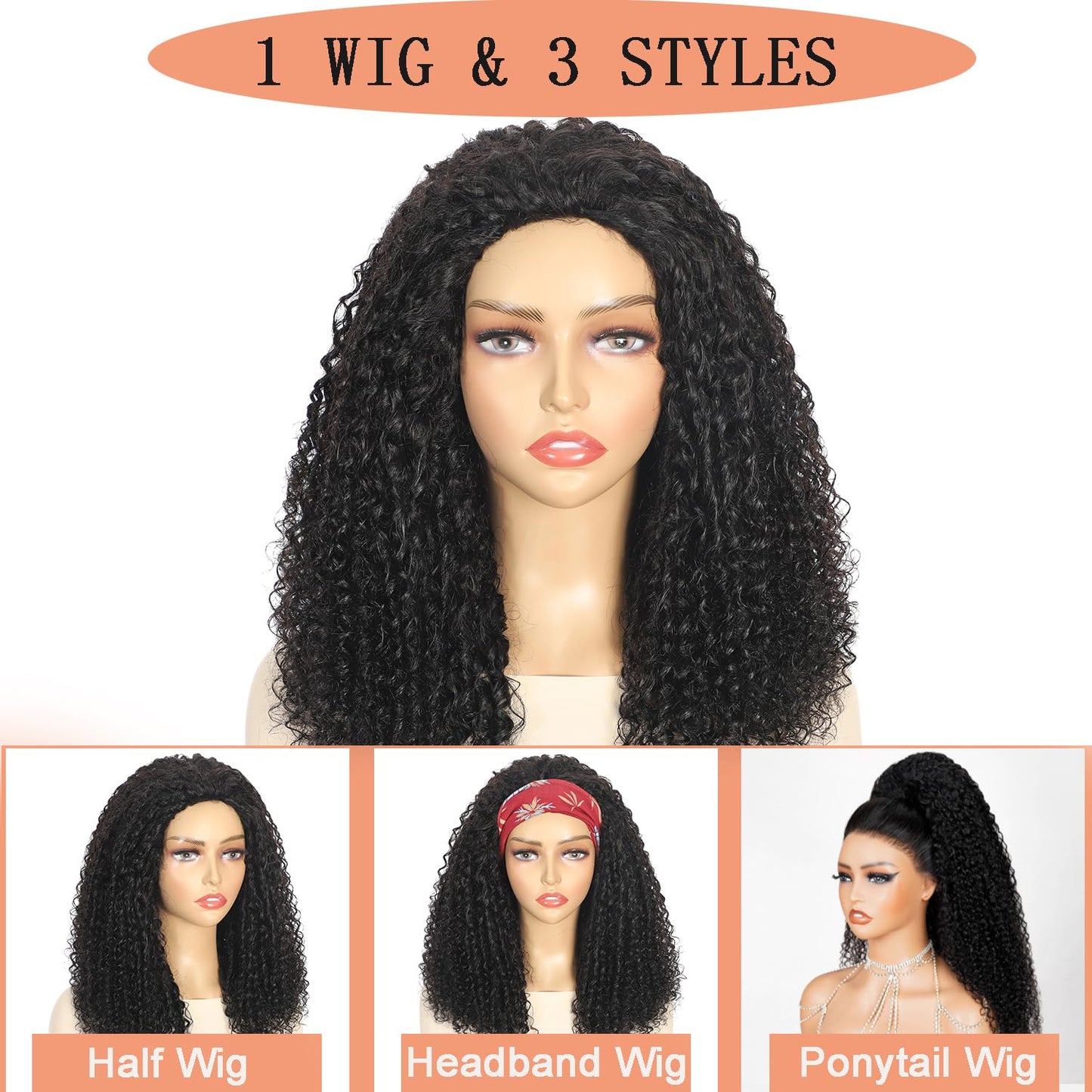 Half Wig Human Hair 3 In 1 Special Curly Half Wigs for Black Women 200% Density Wear and Go Glueless Wig Drawstring Ponytail Seamless Flip Over No Lace Headband Wig Beginner Friendly 16 Inch