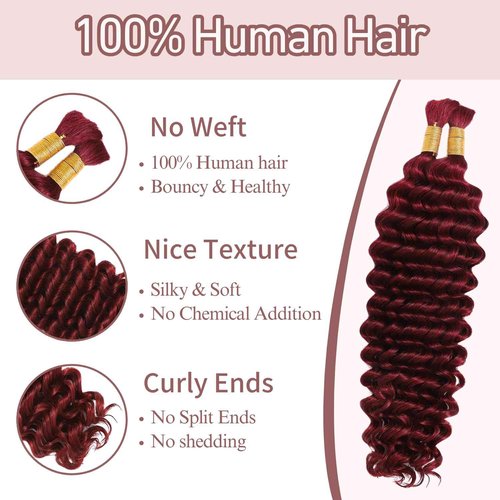 FAKOT Burgundy Human Braiding Hair 100g 22 Inch Deep Wave Bohemian Hair for Braiding, No Weft, 99J, Boho Braids, 2 Bundles/Pack