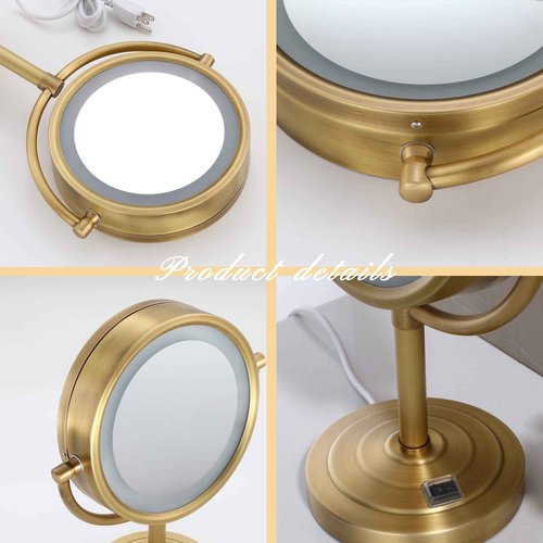 Cavoli 8.5 inch LED Makeup Mirror with 10X Magnification,has Three Colors Lights,Extendable Bathroom Mirror,Tabletop Two-Sided, Antique Brass Finish (Antique Brass, 10x Magnification)