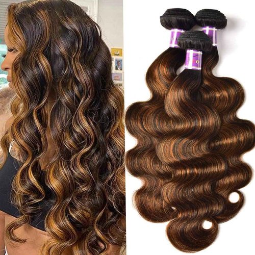 UNice Brown Highlight Body Wave Human Hair Weave 3 Bundles 10 12 14 inch, Brazilian Remy Hair Ombre Blonde Human Hair Wavy Weaves Sew in Piano Color TFB30