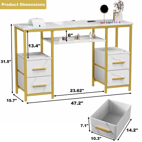 BSONE Nail Desk for Nail Tech – White & Gold Manicure Table with 4 Storage Drawers, Faux Marble Nail Station for Salon or Home