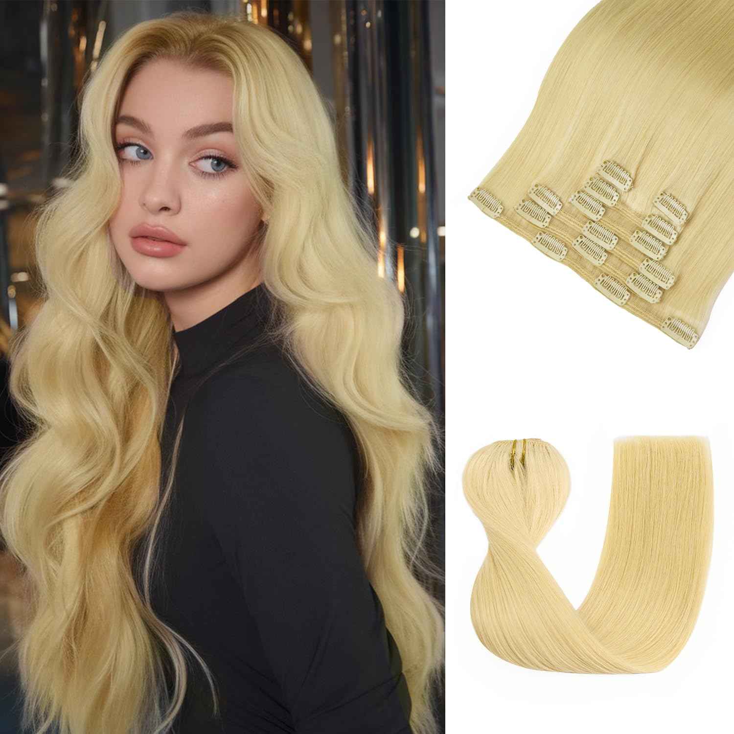 LOVELINE Clip in Hair Extensions Real Human Hair, 100% Remy Human Hair Extensions Clip Ins for Women, 7Pcs 14Inch 120g, Bleach Blonde