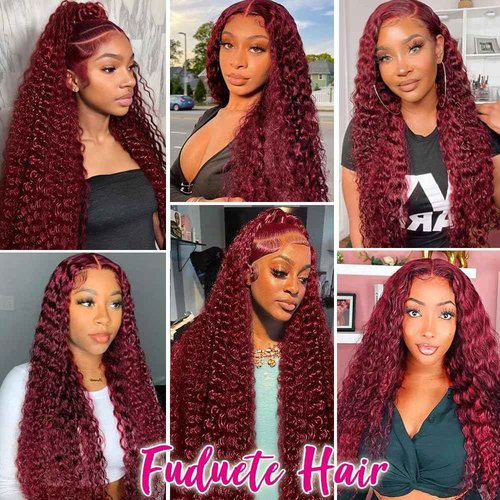 Fuduete 99J Burgundy Deep Wave 13x6 Lace Front Wigs Human Hair 200% Density Lace Frontal Wigs Human Hair Pre Plucked 99j Burgundy Deep Curly Wave HD Lace Front Wigs for Women (24Inch)