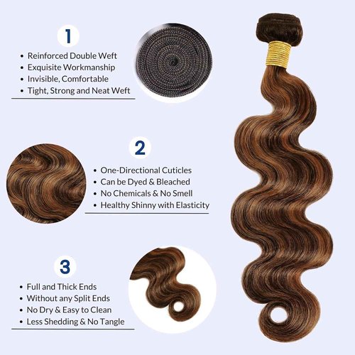 MOMOSHERO Brown Highlight Body Wave Bundles Human Hair, 12A Soft and Glossy Blonde Balayage Ombre Bundles 100% Remy Hair Single Ombre Bundle #1b/30 Piano Color Dark Root 20 Inch