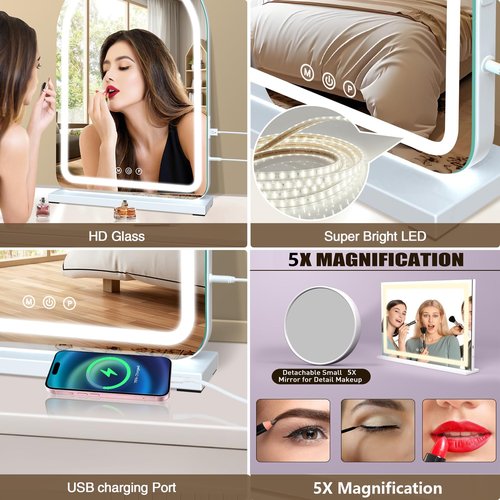 halumao 16" x 23.6" Large Makeup Vanity Mirror with Lights for Dressing Room and Bedroom,3 Color Modes,Memory Function