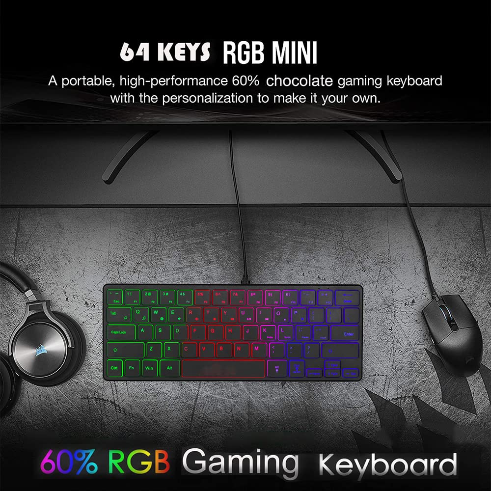 abucow Backlit Mini Keyboard USB Wired Portable Mute Ultra-Compact Small Gaming Keyboard 64 Keys for PC/Mac Gamer Typist Travel Easy to Carry on Business Trip