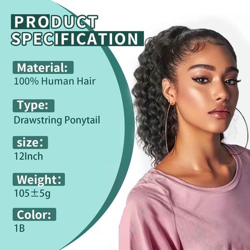 SPIKFN Ponytail Extension Human Hair Curly Ponytail Extension for Black Women Long Afro Puffs Hair Buns Drawstring Ponytail Human Hair (12 Inch #1B Natural Black)