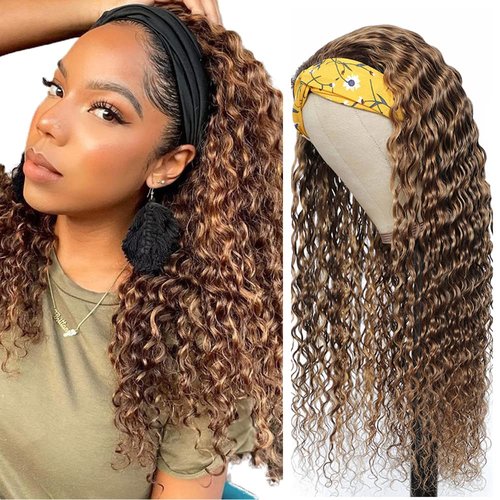 P4/27 Deep Wave Headband Wig Brown And Honey Blonde Human Hair Headband Wig 130% Density Grade 8A Brazilian Remy Hair Machine Made Wigs 24 Inch