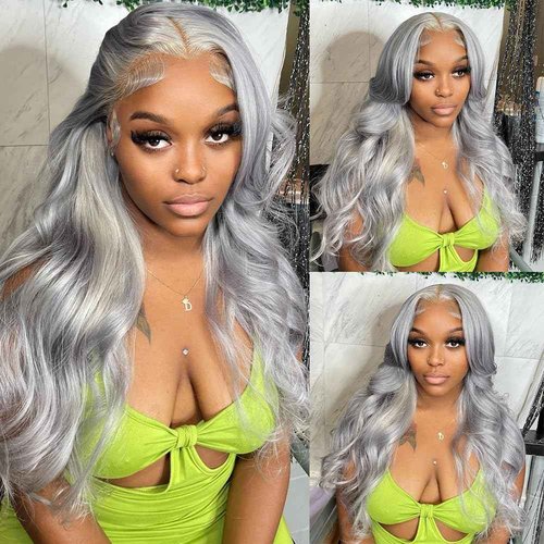 Mscathy Halloween Wigs 200% Grey Human Hair Wigs Body Wave 13×4 UHD Transparent Pre Plucked Pre Cut Gray Lace Front Wig Virgin Human Hair Glueless Lace Front Wigs for Women (18 Inch, Grey body wave)