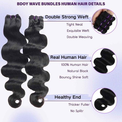Vanlov Body Wave Human Hair - 3 Bundles Brazilian Remy Hair, Body Wave, Natural Black