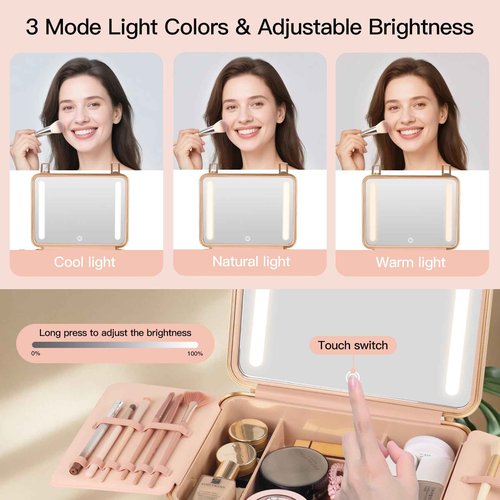 BEAUTY CASE Makeup Case with 4K LED Mirror, 12 Inch Shockproof ABS Hard Shell Cosmetic Organizer Bag, Portable Travel Vanity Box with Aluminum Frame, Snap Buckle, Gift for Women Girls, Pink