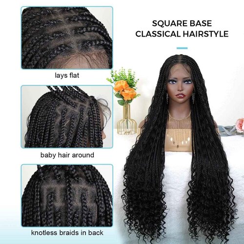 Sangtok Boho Braided Wigs for Black Women, 36 inch Knotless Full Lace Boho Box Braid Wig, Bohemian Curly Ended Double Full Lace Goddess Braided Wig