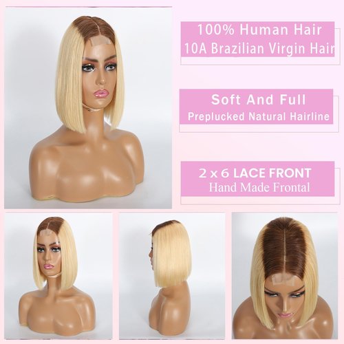 Selina Hair 2x6 HD Bob Lace Front Wigs Human Hair Ombre Blonde Bob Wig Human Hair P4/613 Color Straight Pre Plucked with Baby Hair Unprocessed Virgin Hair for Women 10 Inch