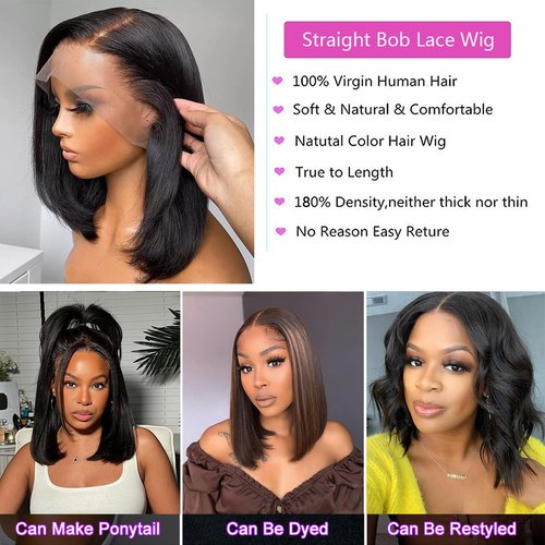 13x6 Bob Lace Front Wigs Human Hair Straight Wigs for Black Women Bob Wig Human Hair Side Part Frontal Bob Wigs Pre Plucked with Baby Hair Natural Hairline (16 Inch)