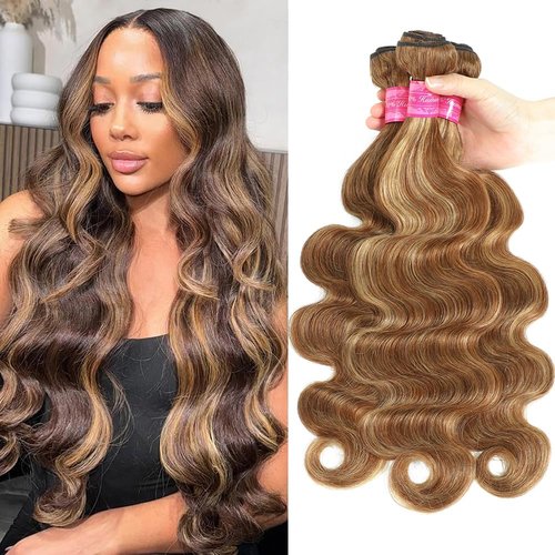 Seekomi Ombre Human Hair Bundles 14 16 18 Inch Highlight 4/27 Body Wave Bundles Human Hair 12A 100% Virgin Colored Brown and Blonde 3 Bundles Human Hair Double Weft Quick Weave for Women, 300g
