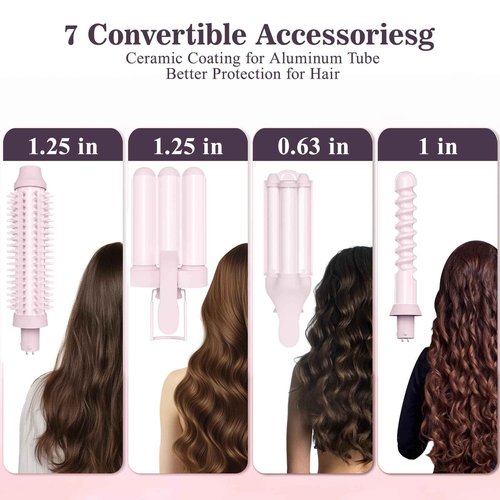 Curling Iron Set 7-in-1, Curling Wand Set with 7 Interchangeable Barrels Included A Heated Round Brush, 3 Hair Crimper, Ceramic Coating Protect Hair, with Gift Package (0.6"-1.25") Pink