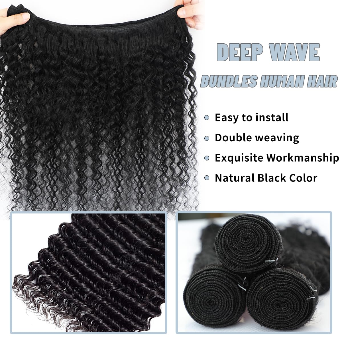 12A Deep Wave Human Hair Bundles 22 24 26 Inch 100% Unprocessed Brazilian Virgin Hair Deep Curly Weave Human Hair 3 Bundles Real Human hair Deep Wave Bundles for Women Natural Black