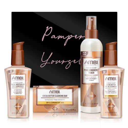 Zomac Womens Skin Care Gift Set, Pamper Yourself or Friend with Ambi Daily Facial Care, Cocoa Butter Soap, Facial Cleanser, Toner, and Facial Moisturizer with Satin Bonnet and Shower Cap with Gift Box
