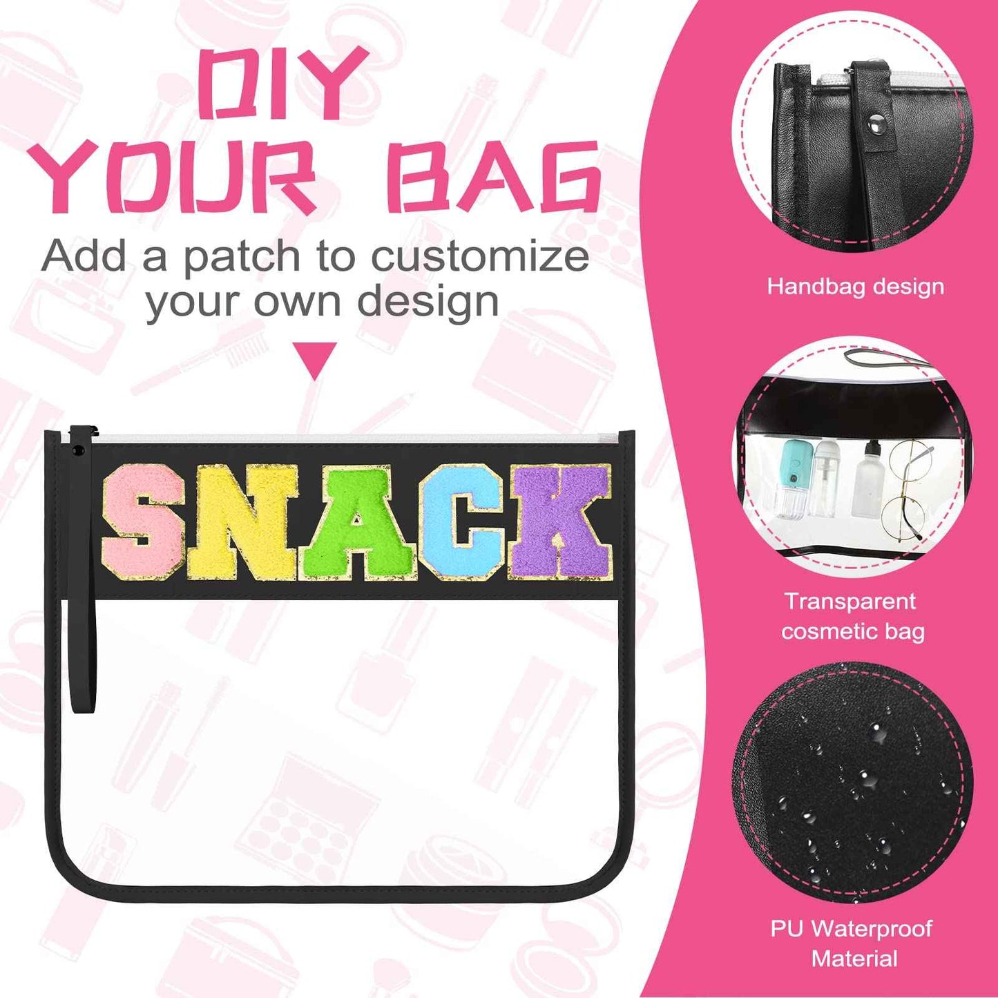 Irenare 16 Pcs Clear Makeup Bag Toiletry Flat Zipper Pouch Preppy Waterproof Clear Cosmetic PVC Pouch with Wristlet Toiletry DIY Chenille Letter Snack Bag for Women(Multi Colors)