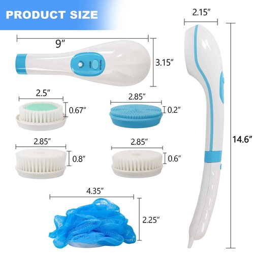 OWIIZI Electric Bath Brush Back Scrubber for Shower, Detachable Long Handle Exfoliating Face Cleansing Silicone Massager, 5 Brush Heads, 6 Speeds, Deep Clean Electronic Body Brushes for Men Women