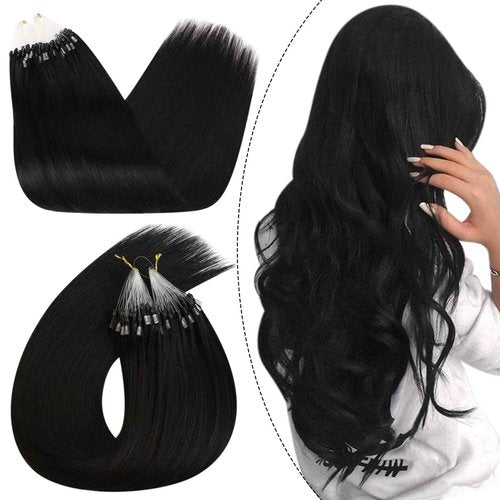 Ugeat Micro Link Hair Extensions Human Hair #1 Real Human Hair Extensions Jet Black 22 Inch and 18 Inch