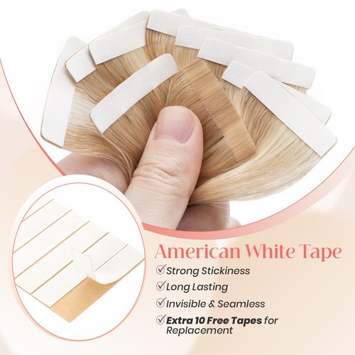 Elailite Wavy Tape in Hair Extensions Human Hair Body Wave Real Remy Hairpieces Ash Blonde & Bleach Blonde 20 Inch 50g 20pcs Invisible Seamless Skin Weft Best Tape for Women