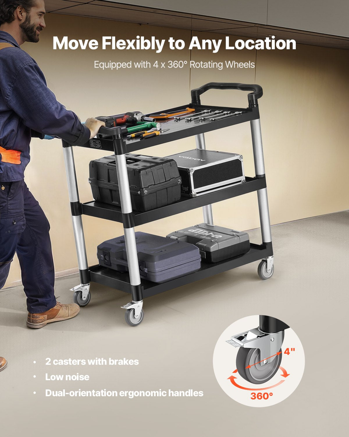 Heavy Duty Utility Cart 500 Lb Capacity 3-Tier Service Cart with Wheels - Black