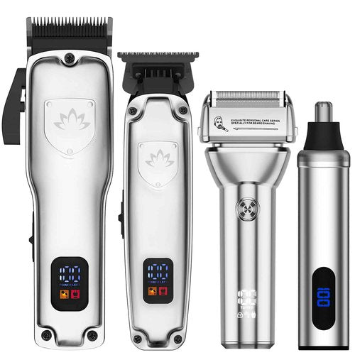 Karrte Professional Hair Clippers and Trimmer Set for Men, T-Shaper Trimmer & Foil Shaver, Nose & Ear Hair Trimmer, Cordless Clippers and Grooming Set, Hair Cutting Kit with LED Display Silver