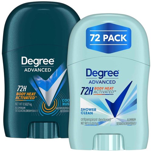 Degree Travel Deodorant Variety 72-Pack (36 Cool Rush + 36 Shower Clean) – 72H Body Heat Activated Mini Antiperspirant, 0.5 Oz Ea