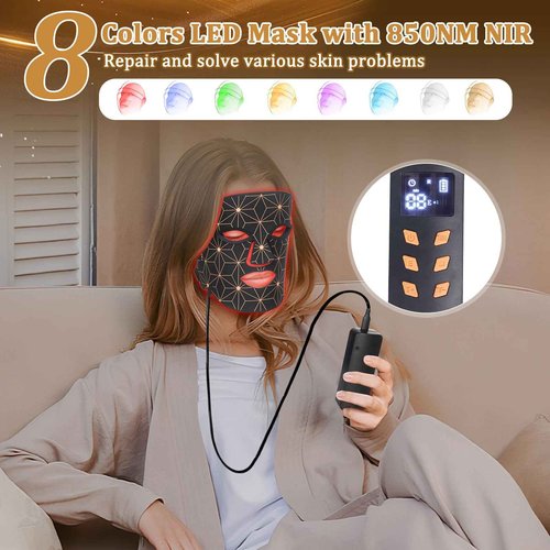 Red Light Therapy for Face, 8 Colors LED Face Mask Light Therapy with 850NM Near-Infrared, 3000 mAh Rechargeable Red Light Therapy Mask, Skin Care Device at Home and Travel for Skin Rejuvenation