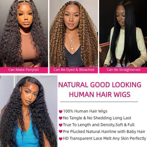 Water Wave Lace Front Wigs Human Hair 13x6 Full Frontal HD Transparent Human Hair Lace Front Wigs for Women 180% Density Deep Curly Human Hair Wigs Wet And Wavy Pre Plucked with Baby Hair 18Inch