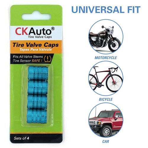CKAuto Tire Valve Stem Caps, Cyan, 4 pcs/Pack, Anodized Aluminum Tire Valve Cap Set, Corrosion Resistant, Universal Stem Covers for Cars Trucks Motorcycles SUVs and Bikes