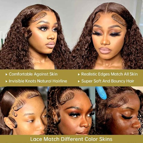 Aonou Full Brown Deep Wave Lace Front Wigs Human Hair Pre Plucked 220% Density 13x6 Chocolate Brown Curly Lace Frontal Wigs Human Hair for Women Brazilian Virgin Hair 22inch
