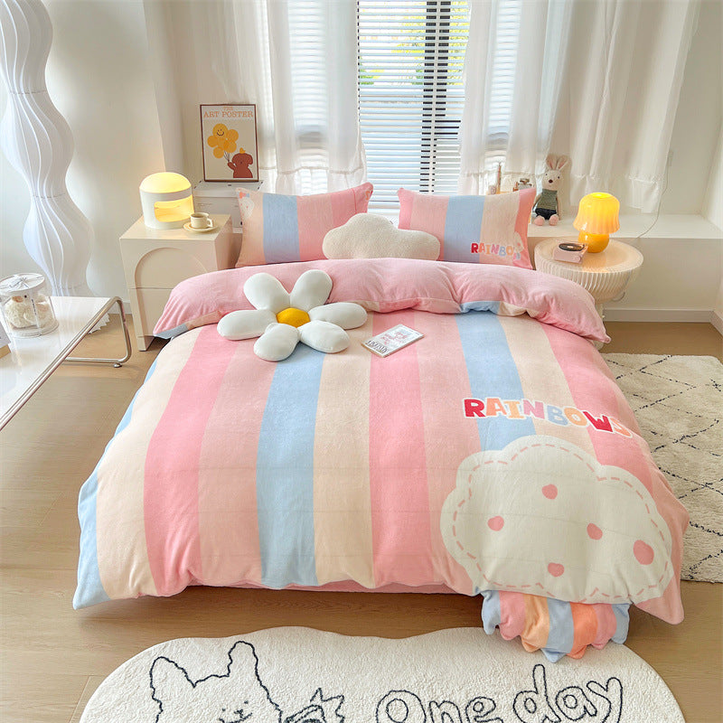 Cartoon Thickened Milk Velvet Bedding Set - Four Piece Kids Bed Linens