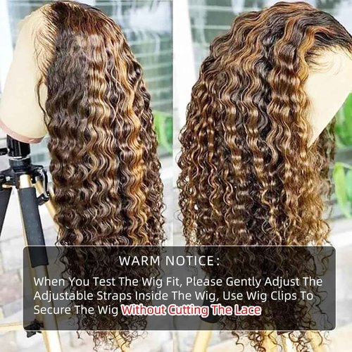 Alidiamond 16Inch Highlighted Deep wave Lace Front Wig Human Hair Honey Blonde Highlight Deep Wave Wigs Human Hair 4/27 Curly Highlighted Wig for Black Women Pre-Plucked 180% Ombre Curly Wigs Glueless