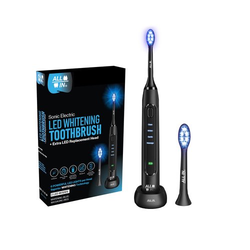 ALL-IN Sonic Rechargeable LED Whitening Toothbrush - Blue & RED LED Light Technology - 4 Advanced Deep Cleaning Modes with a Timer - Adult Toothbrush - BPA Free and PHTHALATES Free