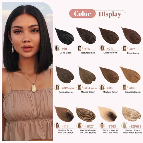 Hairro Human Hair Topper without Bangs, Clips on 360° 3D Cover Real Hairpieces Lightweight, 2.25"x6" Base for Women with High Hairline/Thinning Hair, 14 Inch Golden Brown Mix Bleach Blonde No Bangs