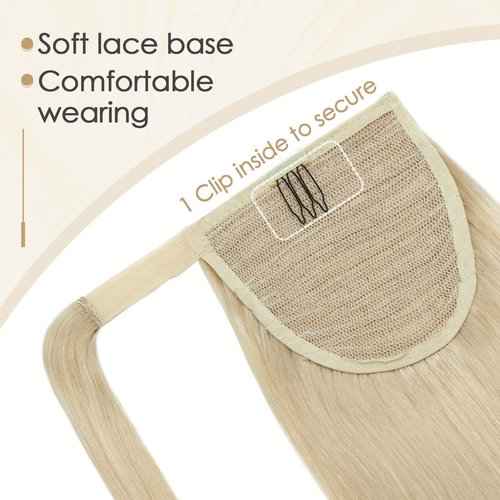 Benehair Ponytail Extension Wrap Around Ponytail Hair Extension with Magic Paste Human Hair Natural 14inch Long Straight One piece Hairpieces for Women Adding Volume Bleach Blonde #613