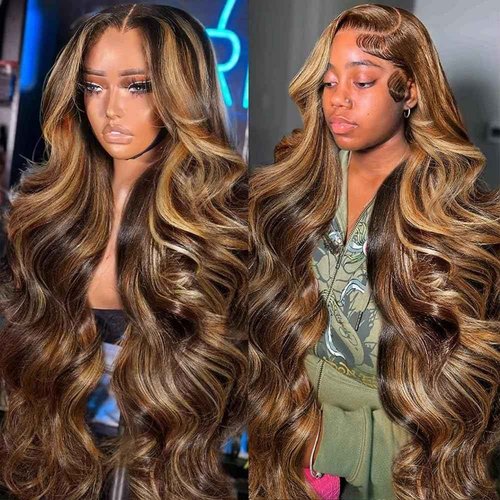 Durya Honey Blonde Ombre Lace Front Wig Human Hair Highlight Body Wave Lace Front Wigs Human Hair Pre Plucked Glueless 5x5 HD Lace Closure Wig for Women 4/27 Colored 250 Density 32 Inch