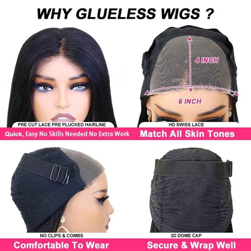 KFgood Wear and Go Glueless Wigs Human Hair Pre Plucked Pre Cut HD Lace 6x4 Straight Lace Front Wigs Human Hair Glueless Lace Front Wigs 180% Density 3 Seconds to Wear for Beginners 24 Inch