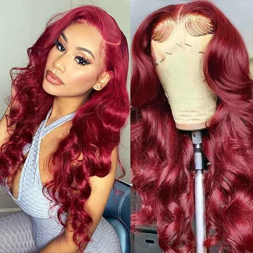 99J Burgundy Wine Red Color Body Wave 13x4 HD Lace Front Glueless Wigs Human Hair Pre Plucked Bleached Knots with Baby Hair Wigs Brazilian Human Hair Natural Hairline Wigs for Women(24Inch)