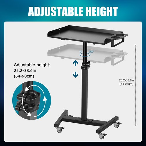 Poarmeey Tattoo Tray on Wheels Salon Tray Cart with Cylinder Rack Rolling TrayTable Station Adjustable Height for Tattoo Studio Salon