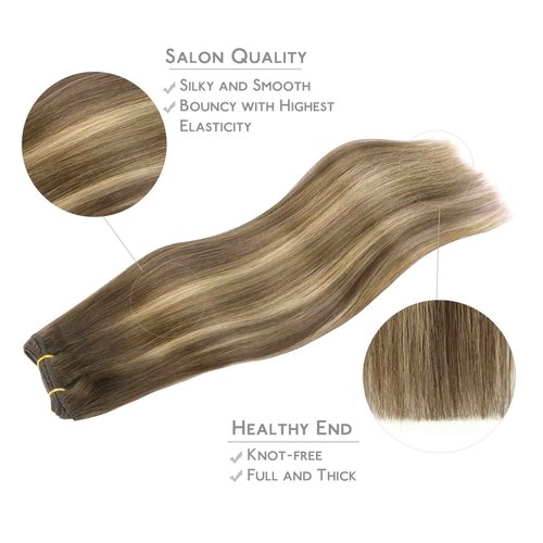 WENNALIFE Sew in Hair Extensions Real Human Hair, 22 Inch 110g Balayage Chocolate Brown to Caramel Blonde Machine Weft Remy Hair Hand Tied Weft Straight Extensiones De Cabello Hmano