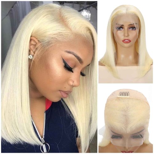 613 Blonde Bob Wig 180% Density 13x4 Lace Front Wigs Human Hair HD Transparent Lace Pre-plucked Bleached Knots Lace Front Wig With Baby Hair Straight Lace Front Wigs (12inch, #613 platinum blonde)