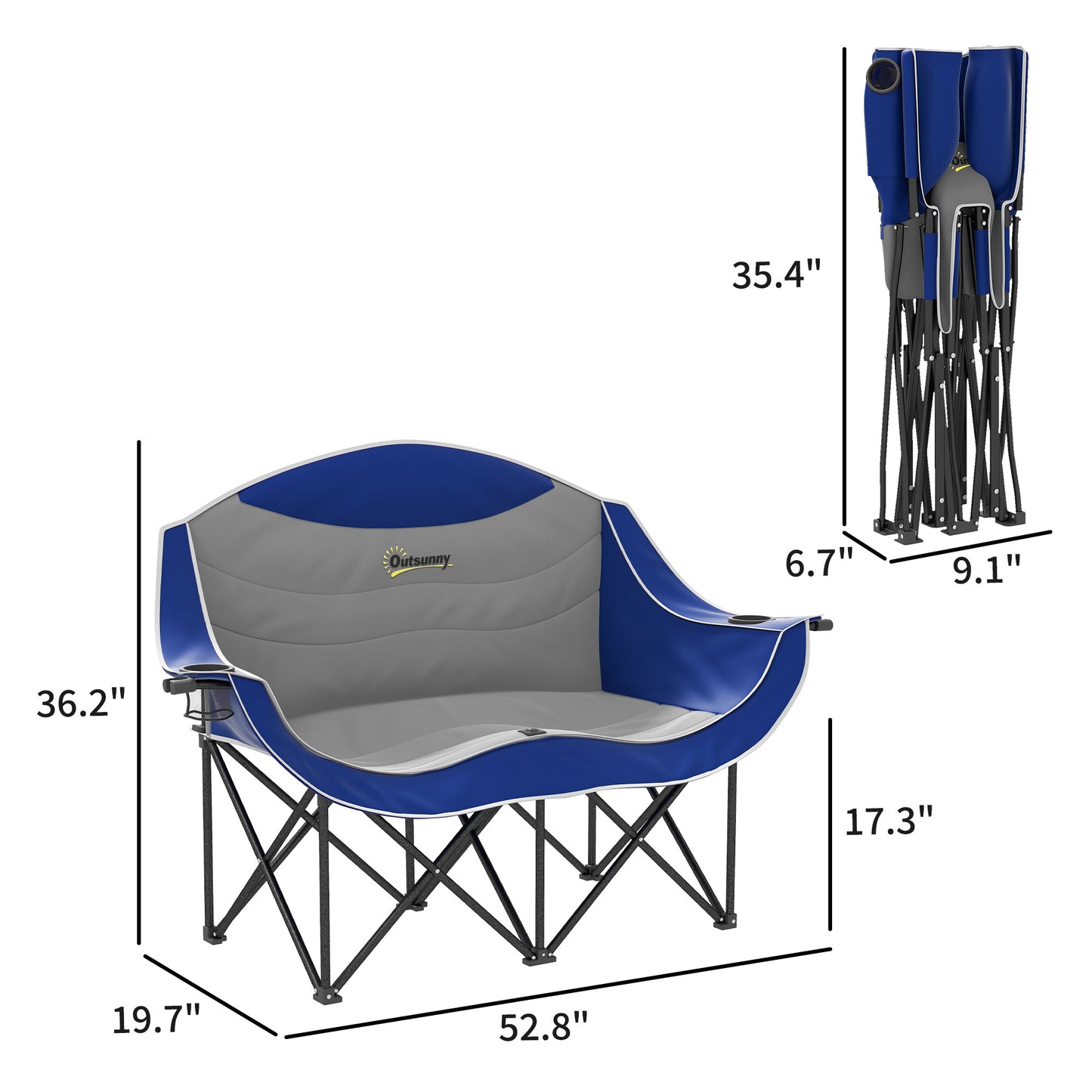 Double Padded Folding Camp Chair with Armrests & Cup Holders - Blue