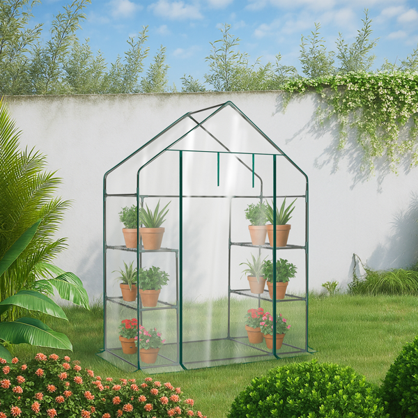Mini Walk-In Greenhouse with PVC Cover, 4-Shelf Indoor Outdoor Garden Greenhouse 56x29x77 Inches