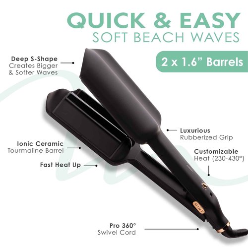MINT Double Barrel Mermaid Hair Waver for Long Hair | Ionic Deep Waver Tool Creates Volume & Large Beach Waves | Wave Crimper Tool | Waving Iron with Adjustable Temperature