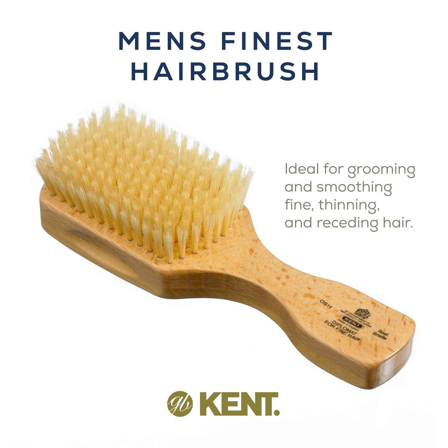 Kent OS11 Satinwood Military Club Hair Brush & Beard Brush – Soft White Boar Bristles for Fine or Thinning Hair, Recommended for Sensitive Scalp and Hair Loss, Men's Grooming, and Beard Care