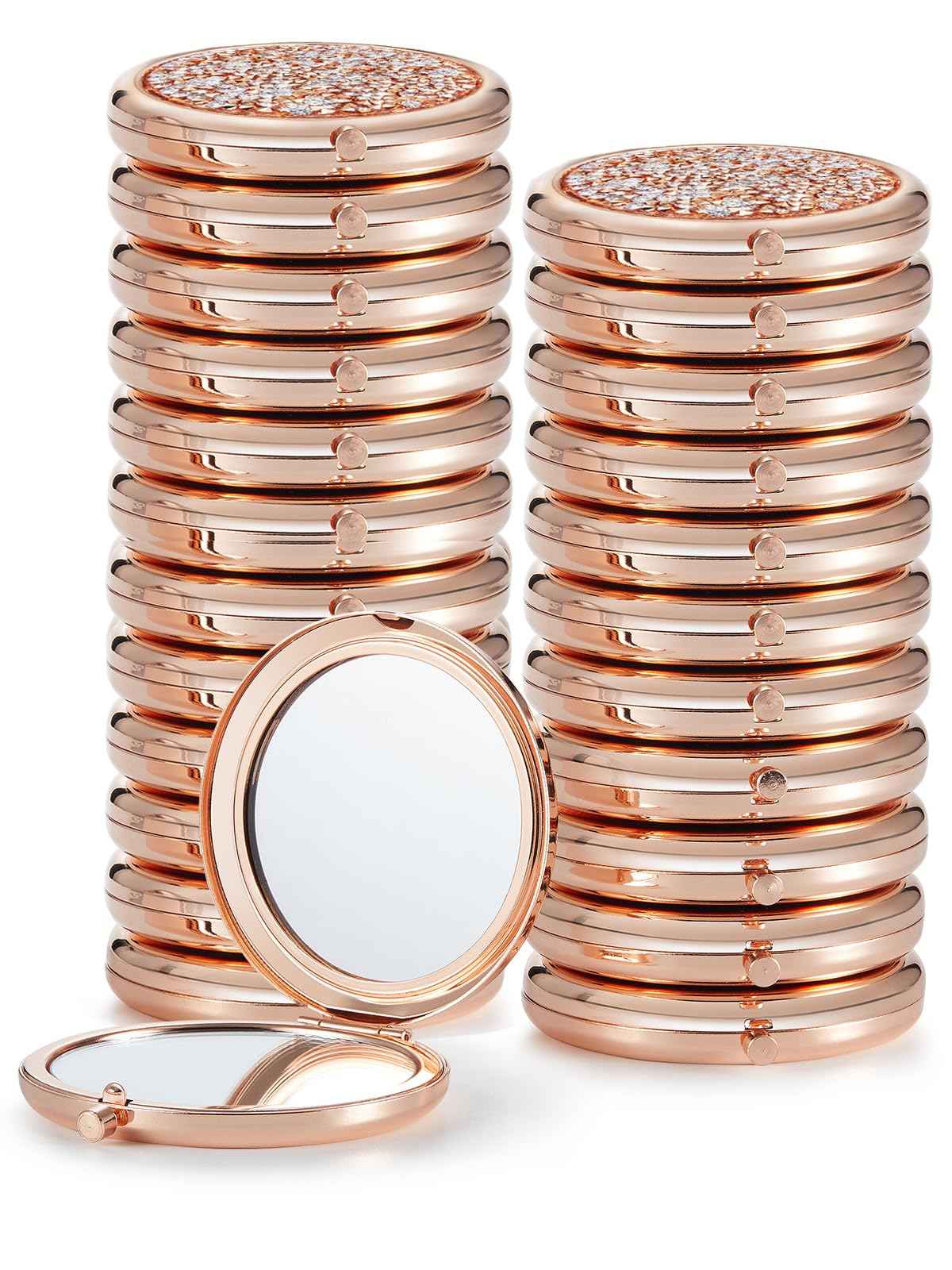 Getinbulk Compact Mirror for Purse, Pack of 24 Double-Sided 1X/2X Magnifying Round Metal Pocket Makeup Mirrors(Rose Gold, Mix Diamond)