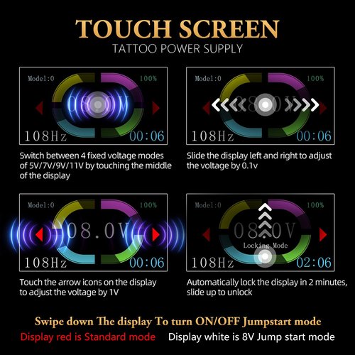 Tattoo Power Supply - Ambition S1 Plus Touch Screen Tattoo Battery Wristband Supply Portable RCA Tattoo 2400mAh Lithium Battery Pack with LCD Touch Display for Rotary Tattoo Machine
